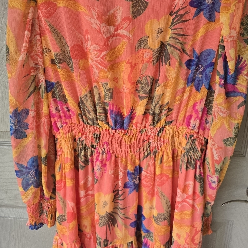 Anne Klein Floral Dress Sz 14 Women Long Sleeve Tiered Smocked Waist Fit Flare - Picture 15 of 15